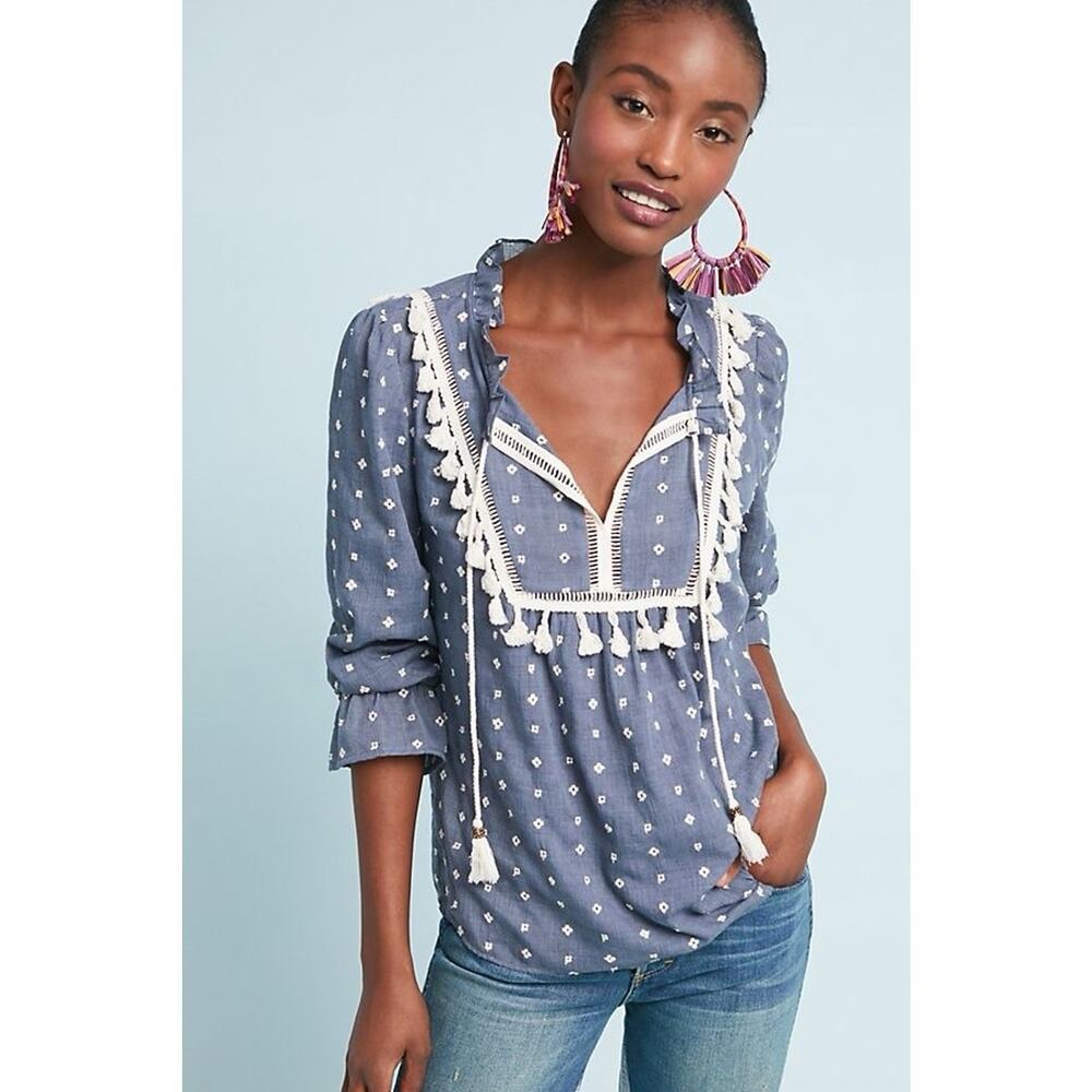 Maeve Anthropologie Boho Tassel Blouse Top L Embroidered Peasant Romantic